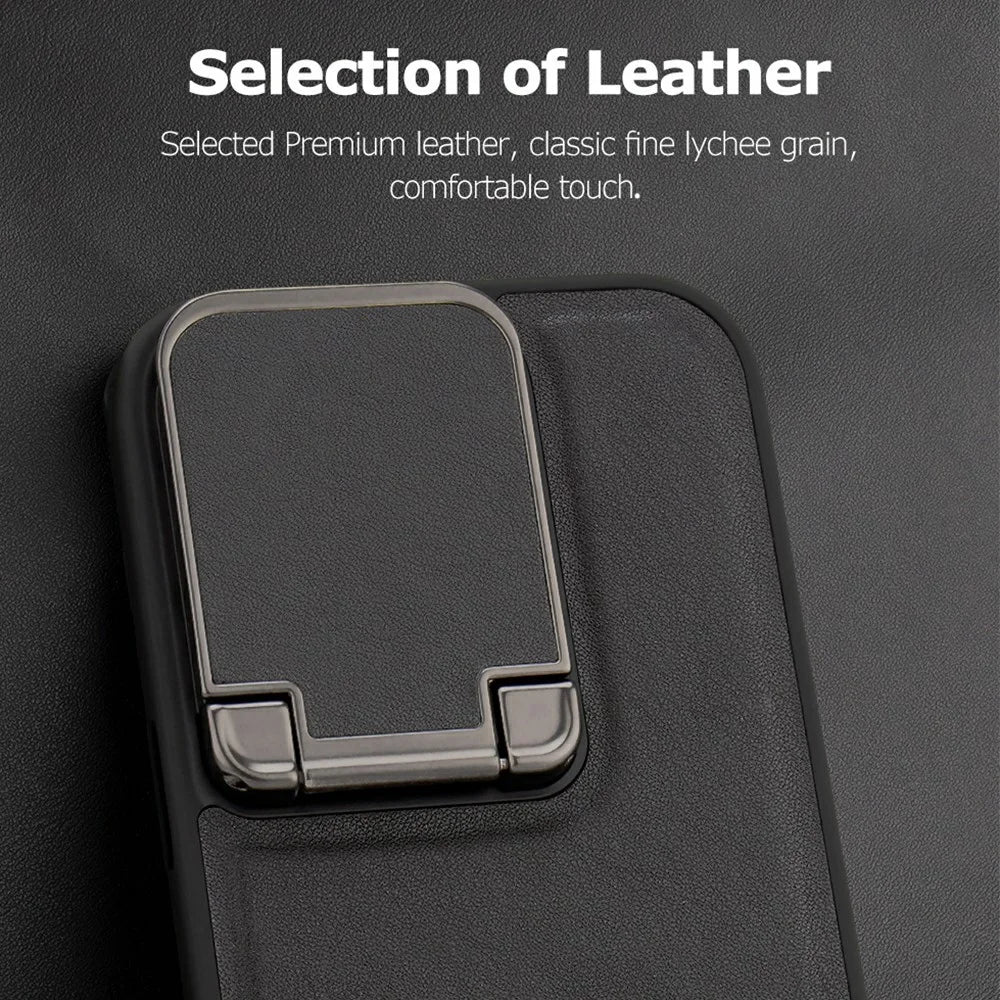 GKK For iPhone 16 Pro Case PU Leather Covered PC Phone Shell with Lens Guard Kickstand - Black - 6
