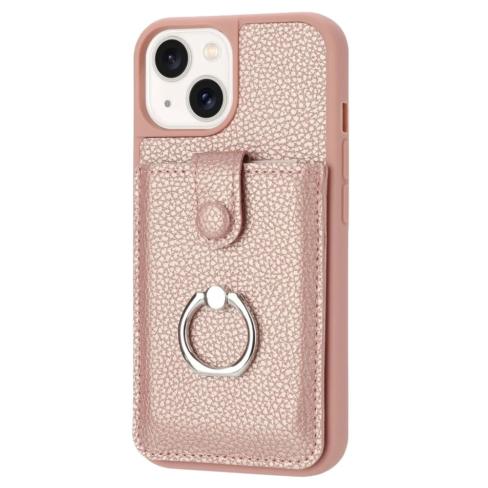 For iPhone 15 Plus / 14 Plus Case Drawing Type Card Slots Litchi Texture Leather Back Cover with Ring Kickstand - Rose Gold - 2