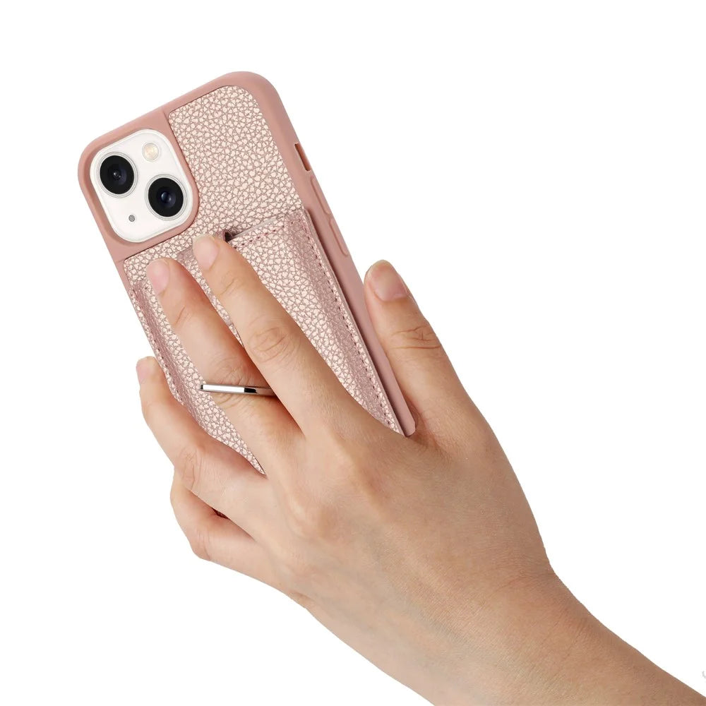 For iPhone 15 Plus / 14 Plus Case Drawing Type Card Slots Litchi Texture Leather Back Cover with Ring Kickstand - Rose Gold - 5