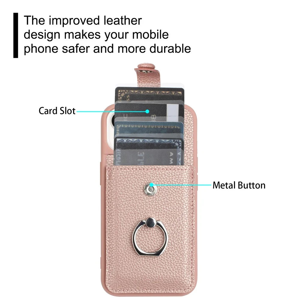 For iPhone 15 Plus / 14 Plus Case Drawing Type Card Slots Litchi Texture Leather Back Cover with Ring Kickstand - Rose Gold - 6