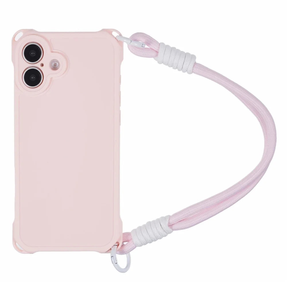For iPhone 16 Case Reinforced Corner Shockproof TPU Phone Cover with Wrist Strap - Pink - 1