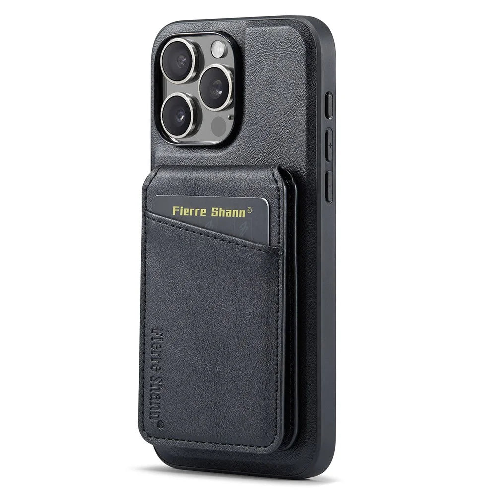 FIERRE SHANN 025 Style For iPhone 16 Pro Case Leather+TPU Detachable Card Slots Phone Cover - Black - 2
