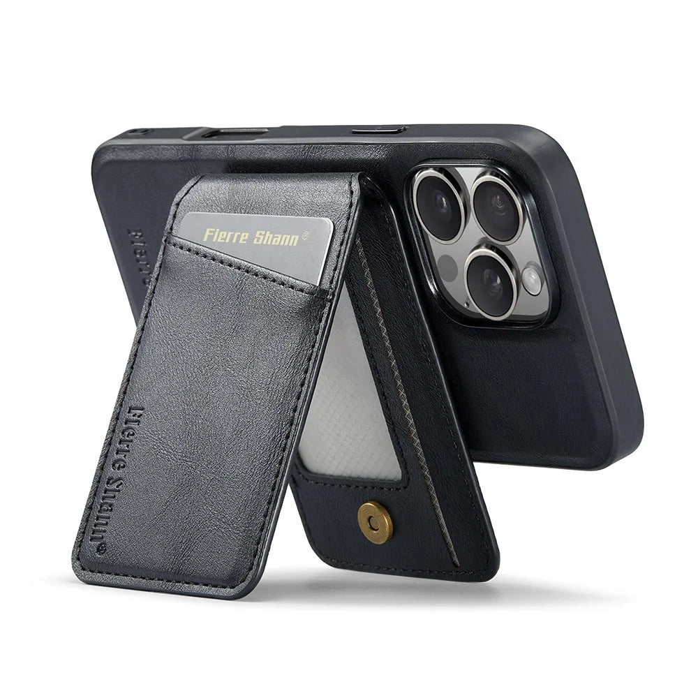 FIERRE SHANN 025 Style For iPhone 16 Pro Case Leather+TPU Detachable Card Slots Phone Cover - Black - 3