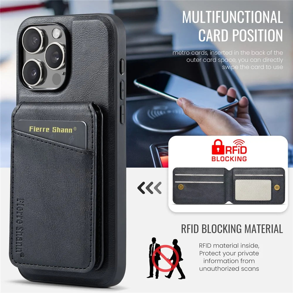 FIERRE SHANN 025 Style For iPhone 16 Pro Case Leather+TPU Detachable Card Slots Phone Cover - Black - 5