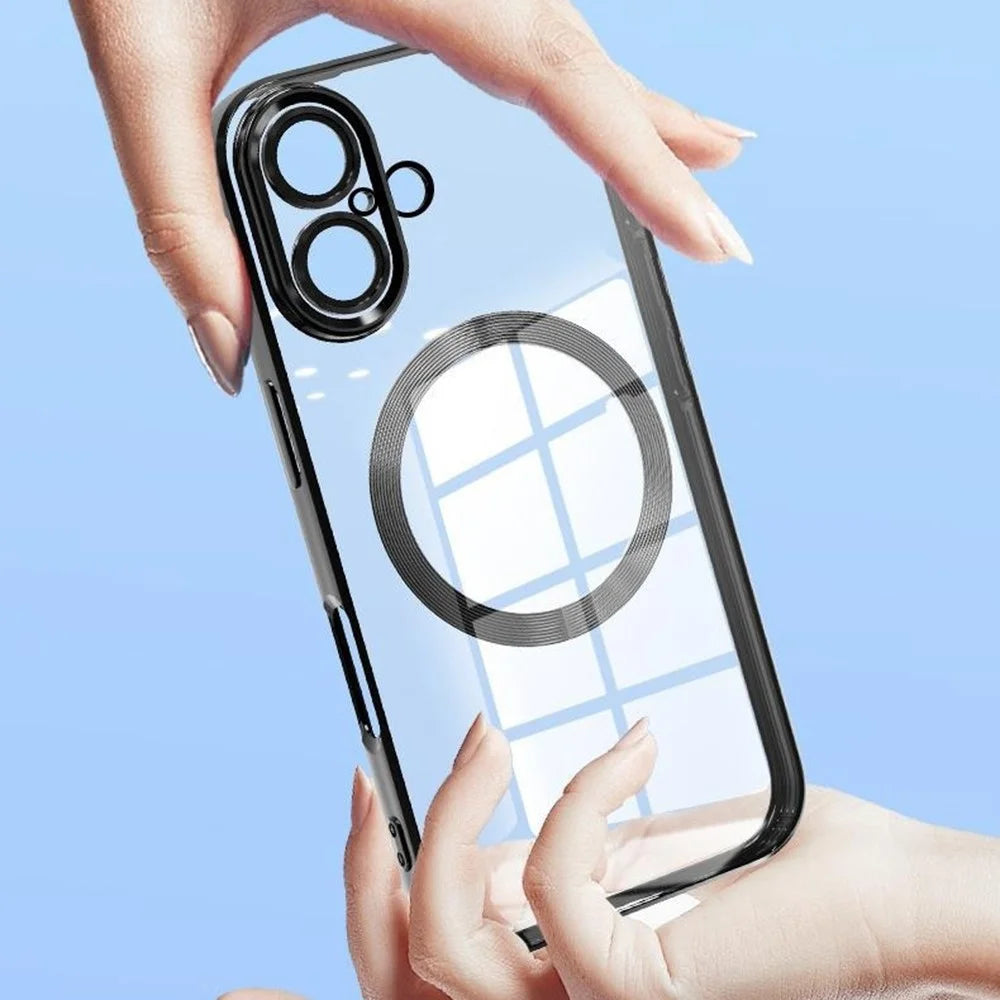 For iPhone 16 Plus Case Electroplating Anti-Drop TPU Clear Phone Cover with Lens Film Compatible with MagSafe - Black - 2