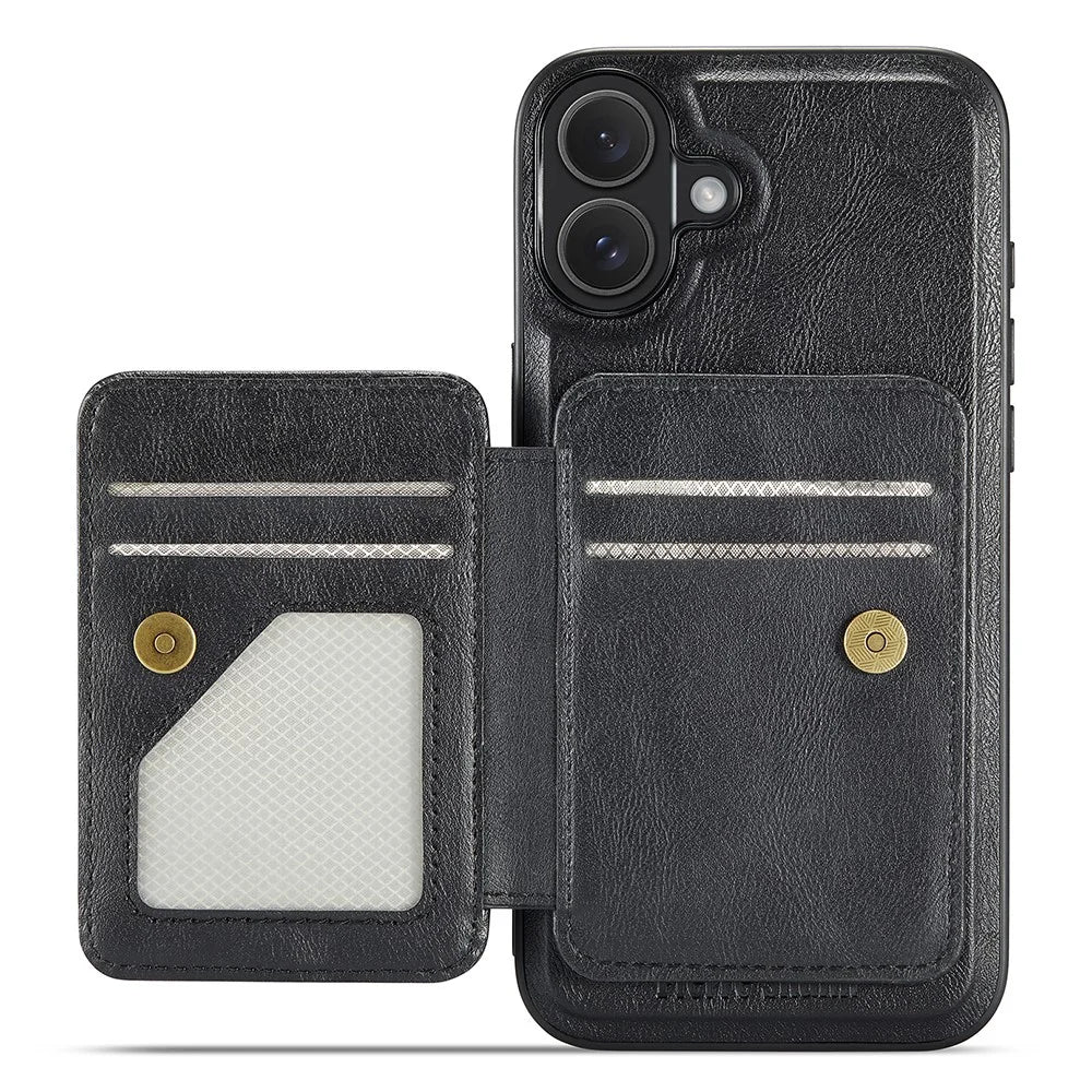 FIERRE SHANN 028 For iPhone 16 Case Magnetic Detachable Card Slots Leather Back Cover - Black - 3