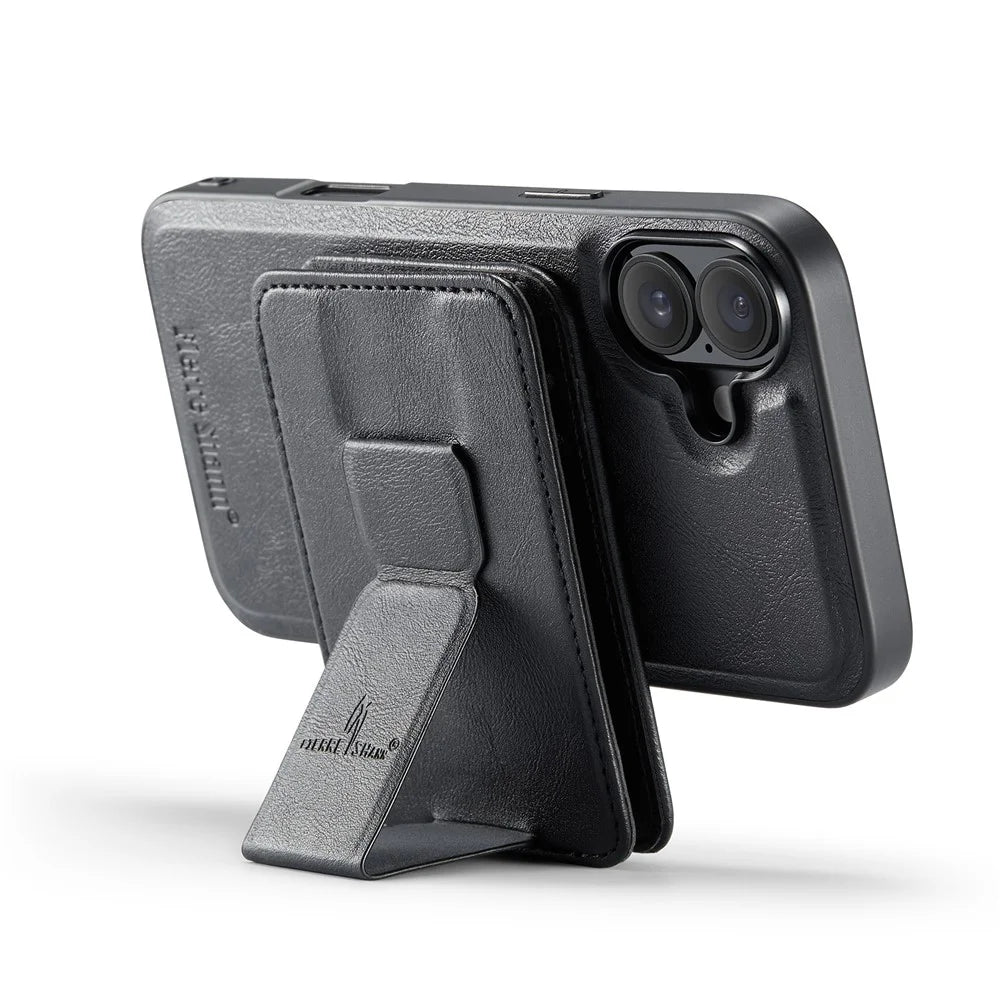 FIERRE SHANN 028 For iPhone 16 Case Magnetic Detachable Card Slots Leather Back Cover - Black - 4