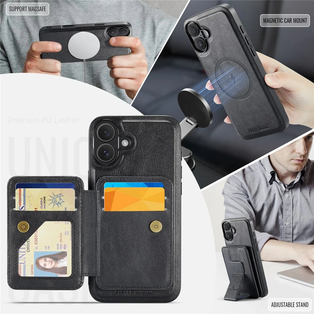 FIERRE SHANN 028 For iPhone 16 Case Magnetic Detachable Card Slots Leather Back Cover - Black - 7