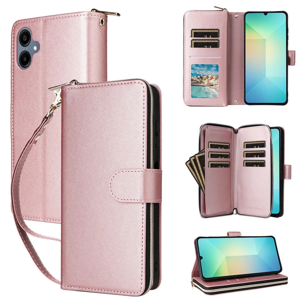 R20 For Samsung Galaxy A06 4G Case Zipper Pocket PU Leather Cover with 9 Card Slots - Rose Gold - 1