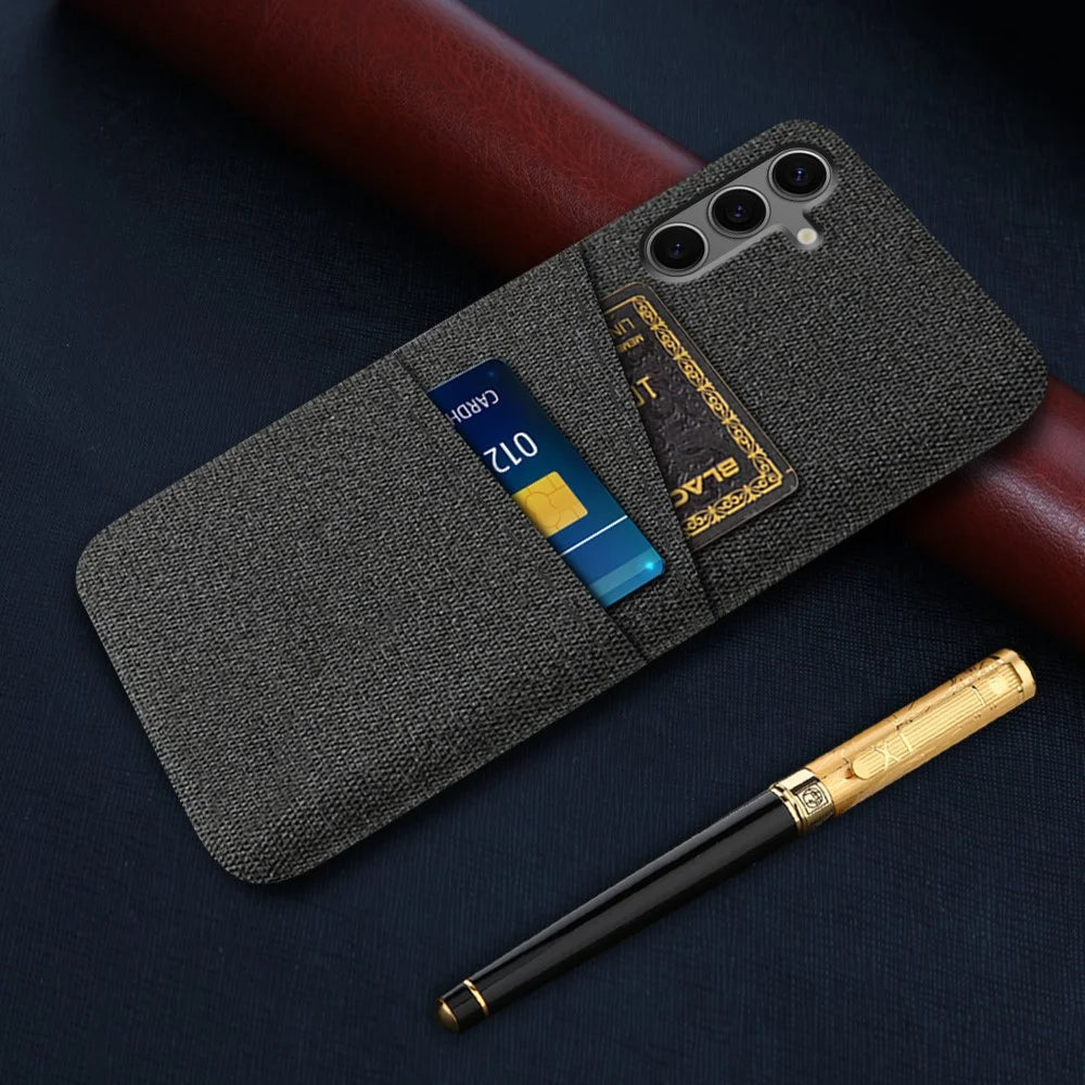 For Samsung Galaxy S24 FE Case Cloth + Hard PC Phone Cover with Dual Card Slots - Black - 5