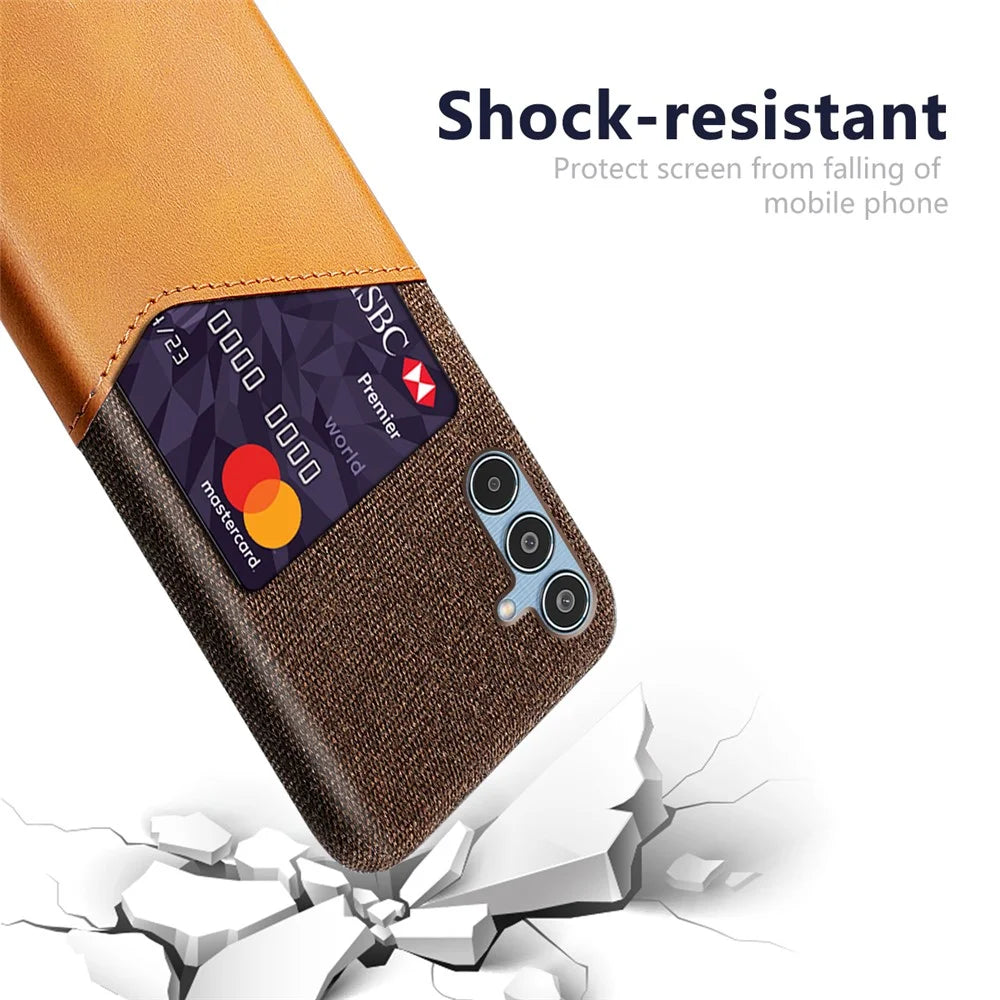 For Samsung Galaxy M35 5G Case Cloth Texture PU Leather Hard PC Card Slot Phone Cover - Orange - 2