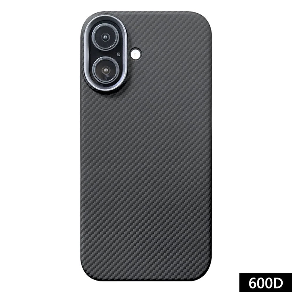 For iPhone 16 Plus Case 600D Fine Texture Aramid Fiber Phone Cover with Metal Lens Frame - Black - 1