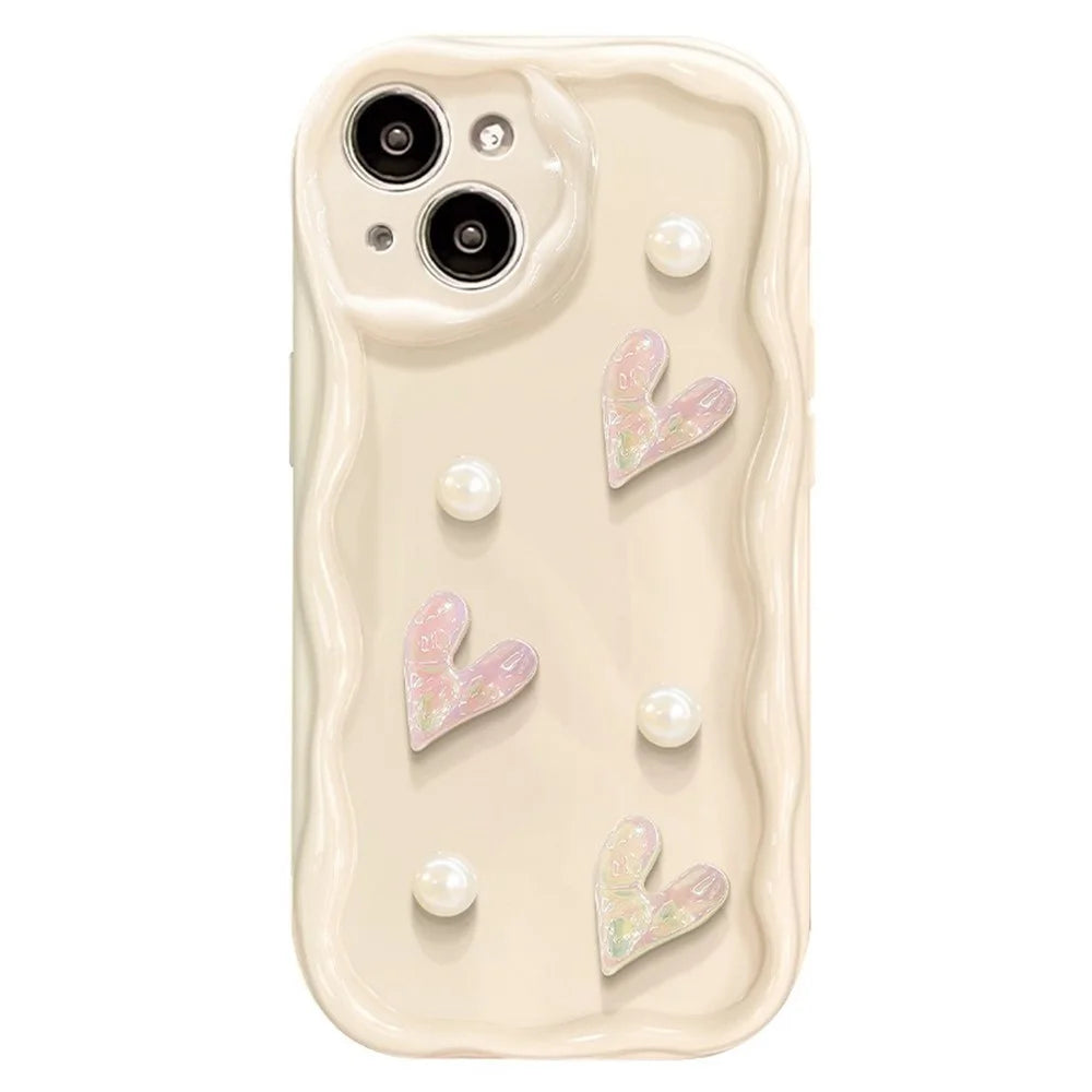 For iPhone 15 Case 3D Heart Design Soft TPU Shockproof Cover - White - 1