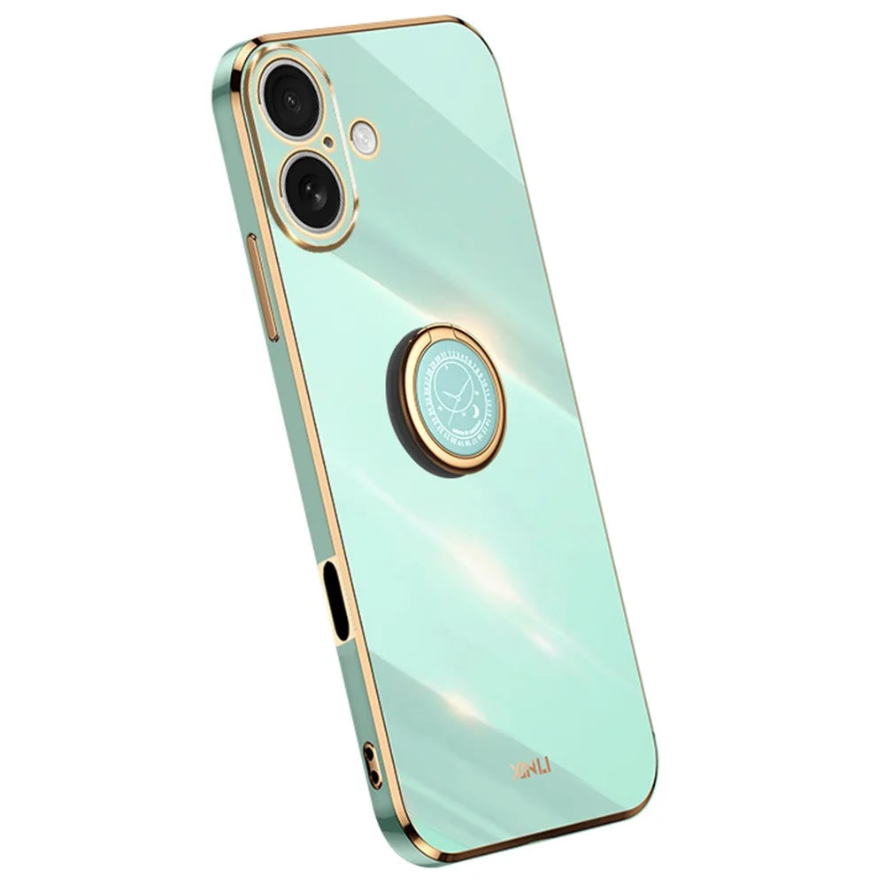 XINLI For iPhone 16 Plus Case Ring Kickstand Electroplating TPU Phone Cover - Cyan - 1