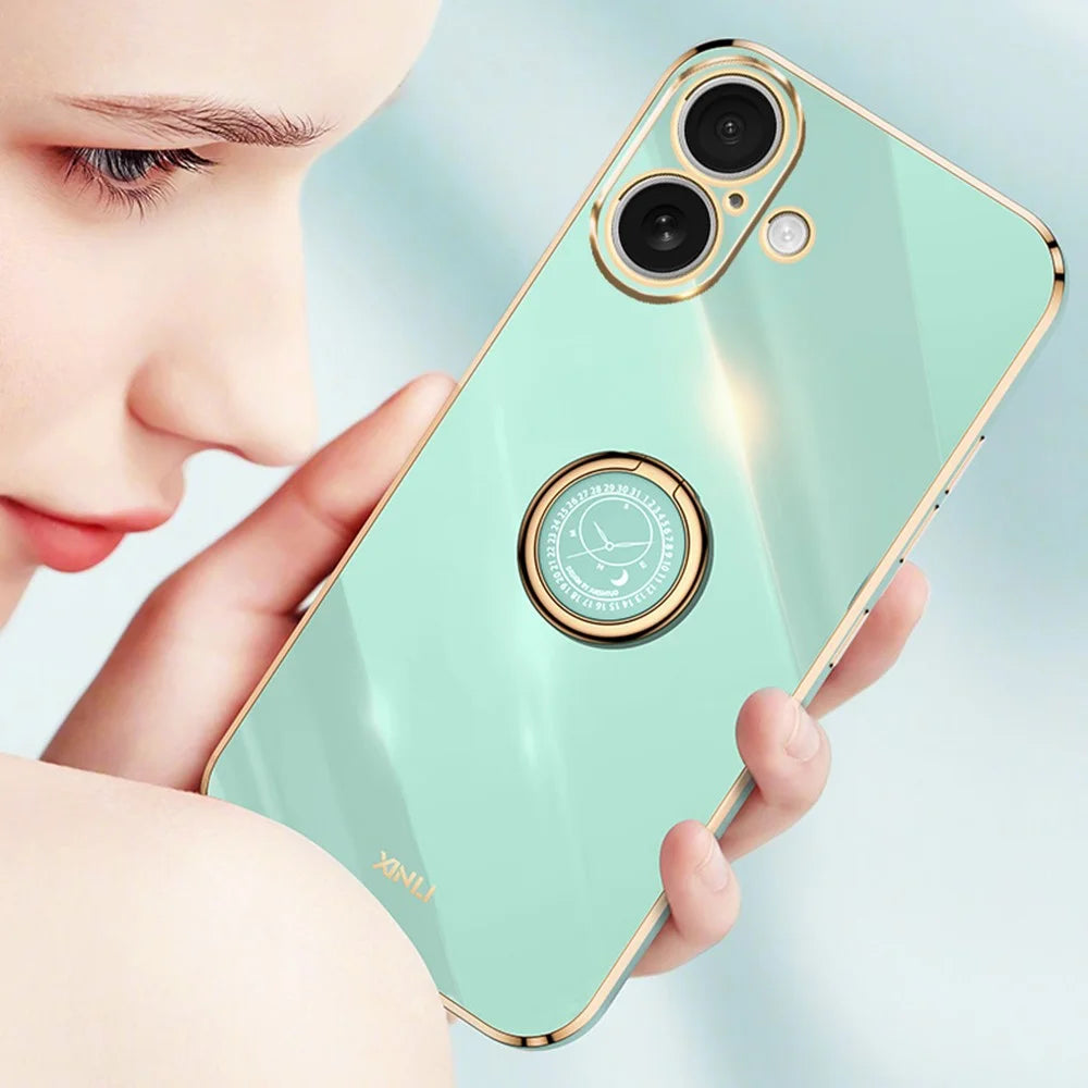 XINLI For iPhone 16 Case Ring Kickstand Electroplating TPU Phone Cover - Cyan - 2