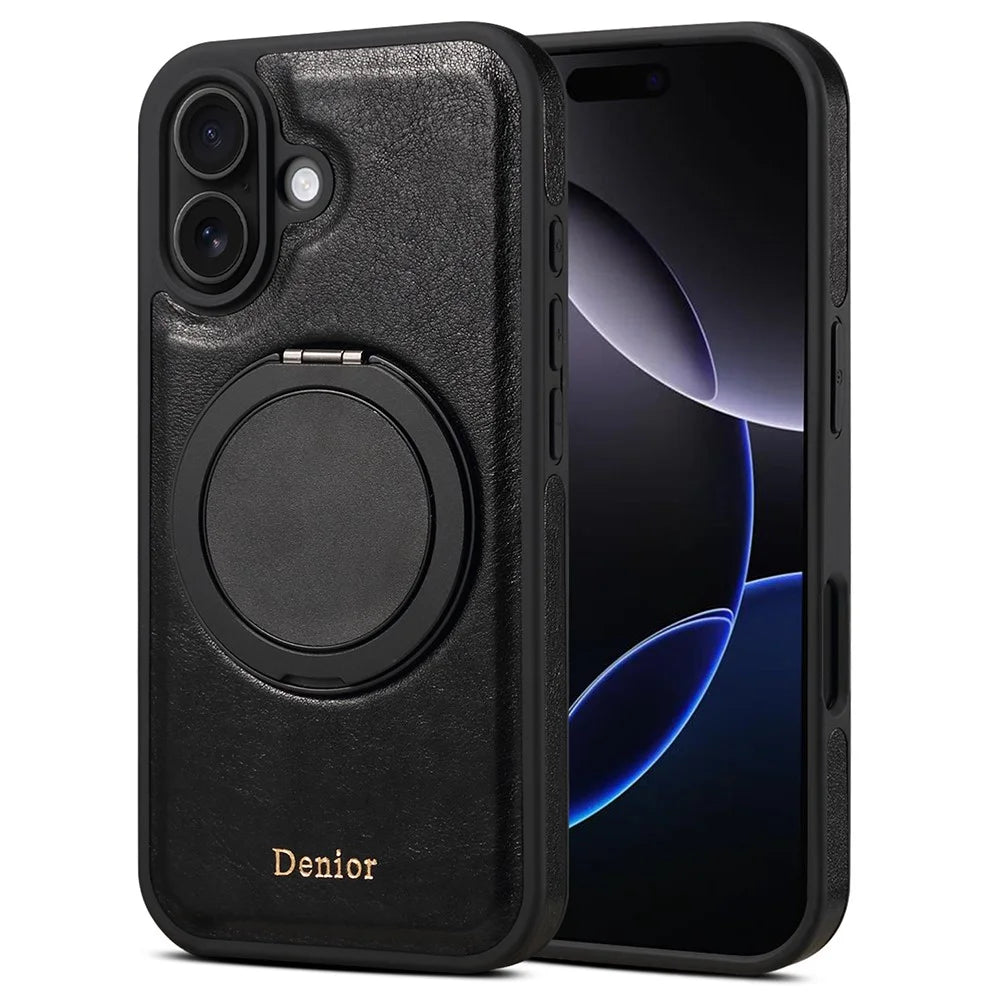 DENIOR For iPhone 16 Case Rotating Magnetic Kickstand Genuine Cow Leather Phone Back Cover - Black - 1