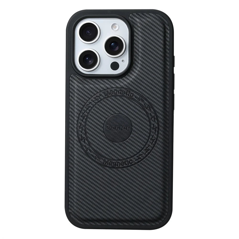 DENIOR For iPhone 16 Pro Max Case Compatible with MagSafe Carbon Fiber Texture Leather Back Cover - Black - 3