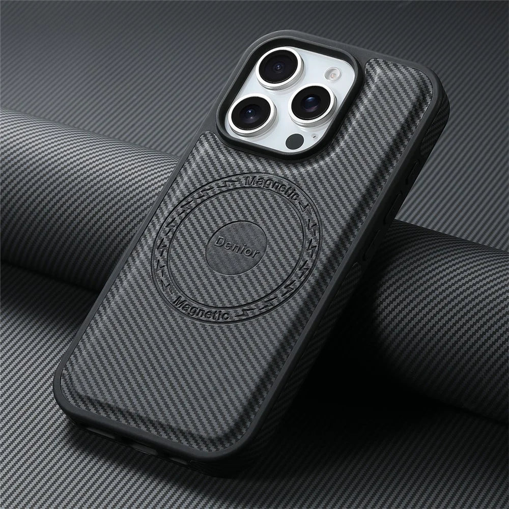 DENIOR For iPhone 16 Pro Max Case Compatible with MagSafe Carbon Fiber Texture Leather Back Cover - Black - 6