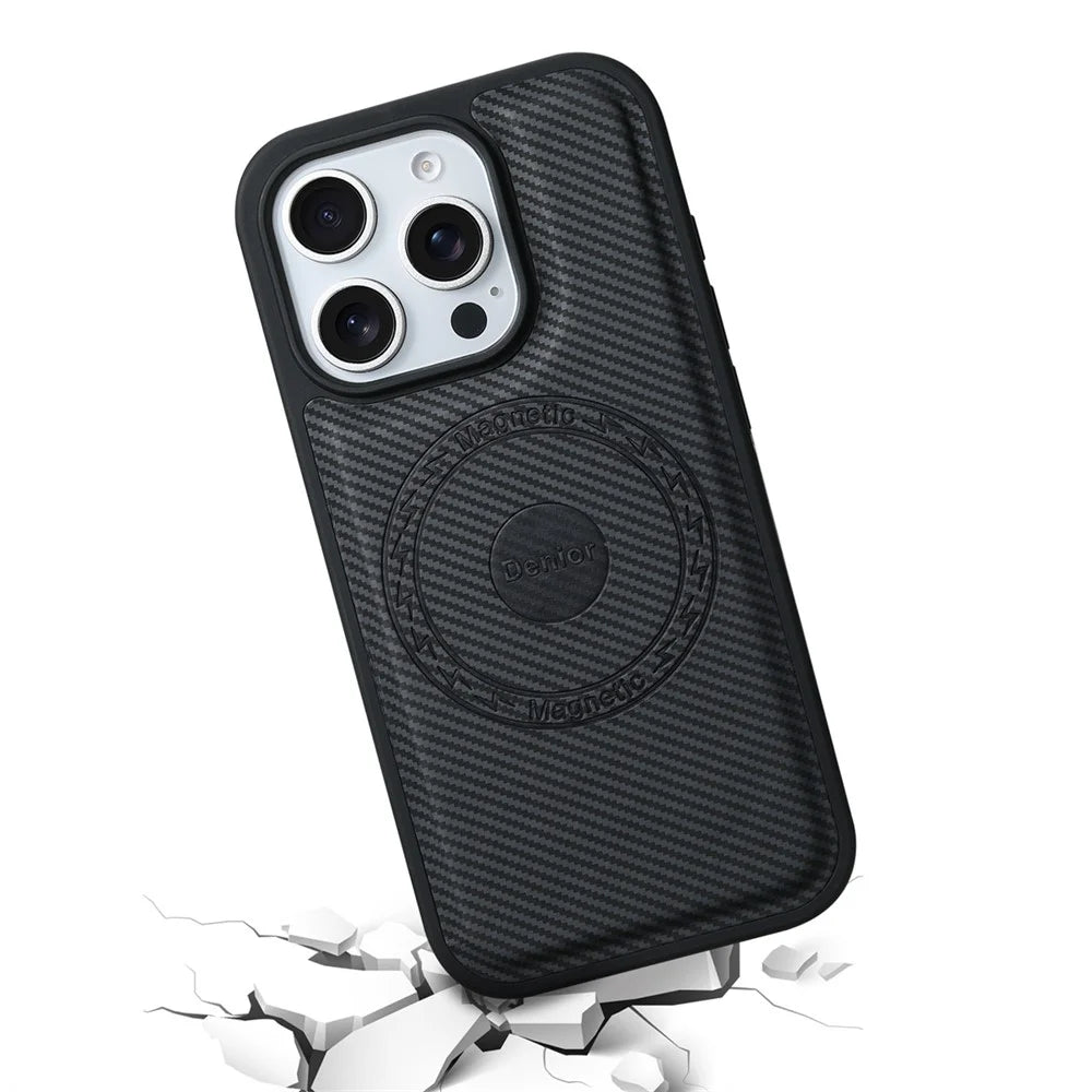 DENIOR For iPhone 16 Pro Case Compatible with MagSafe Carbon Fiber Texture Leather Back Cover - Black - 5