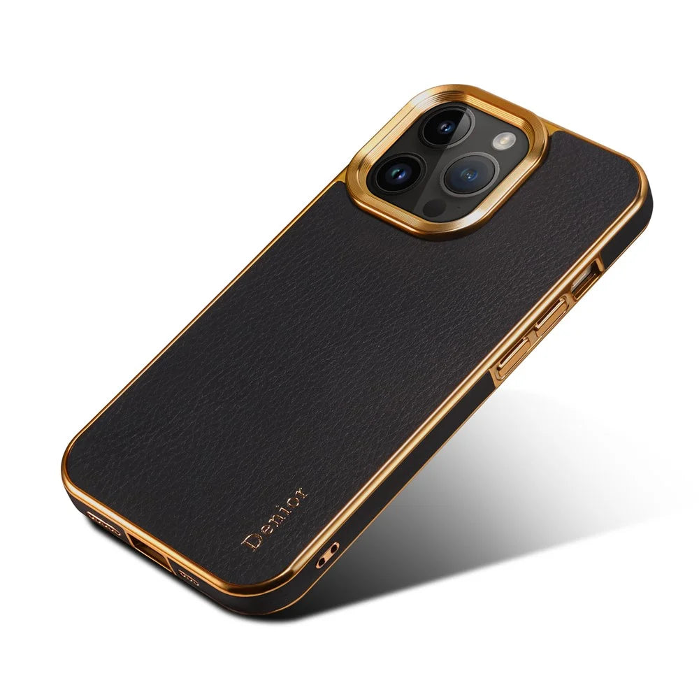 DENIOR For iPhone 16 Pro Max Case Genuine Cow Leather Coated PC+TPU Electroplating Phone Cover - Black - 2
