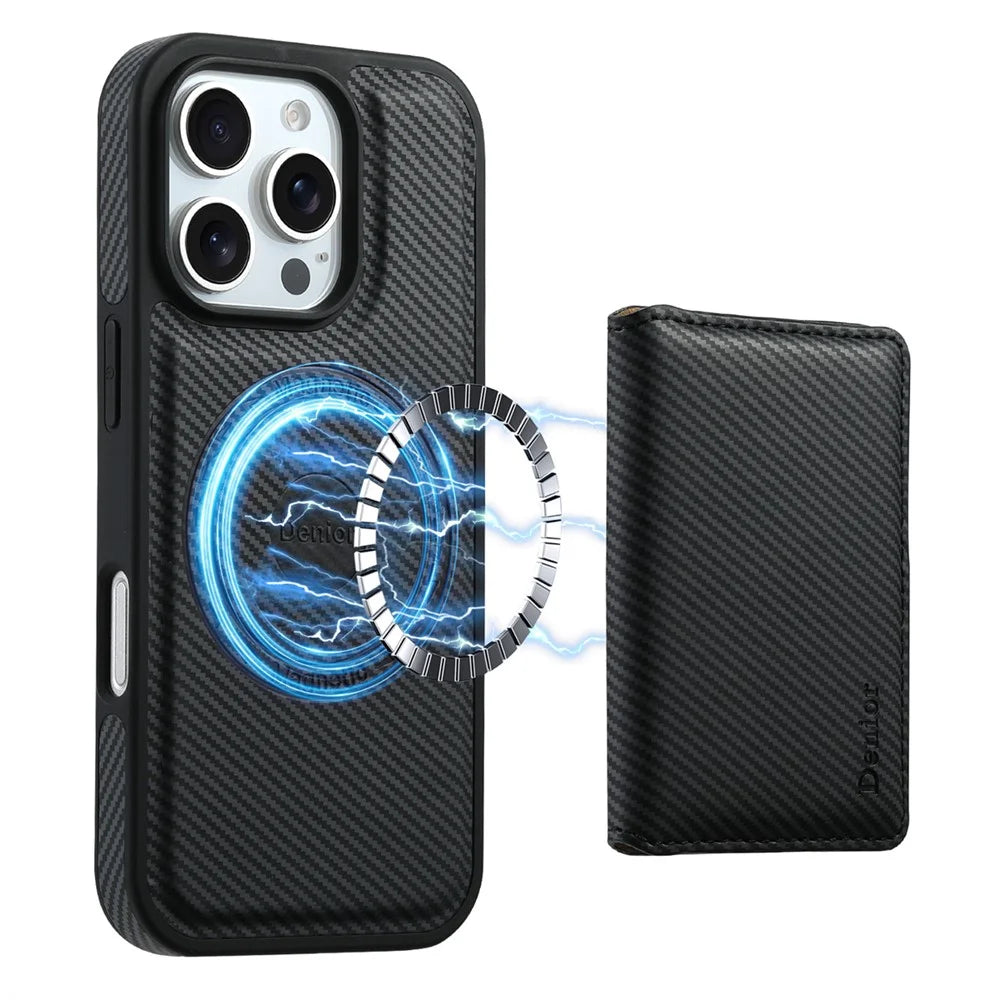 DENIOR For iPhone 16 Pro Magnetic Case Carbon Fiber Texture Leather Back Cover with Detachable Card Bag - Black - 1