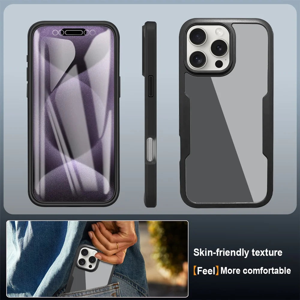 For iPhone 16 Pro Max Case Acrylic+TPU Clear Phone Cover with PET Screen Film - Black - 6