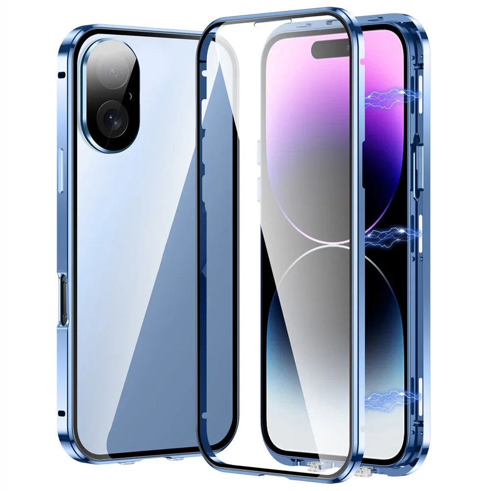 For iPhone 16 Plus Case Magnetic Adsorption Double Sides Tempered Glass+Metal Phone Cover with Buckle - Blue - 1