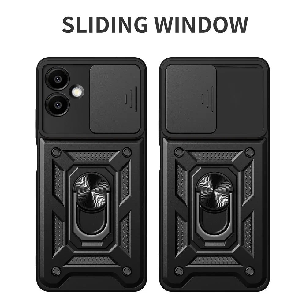 For Samsung Galaxy A06 4G Case with Slide Camera Lid PC+TPU Kickstand Phone Cover - Black - 2