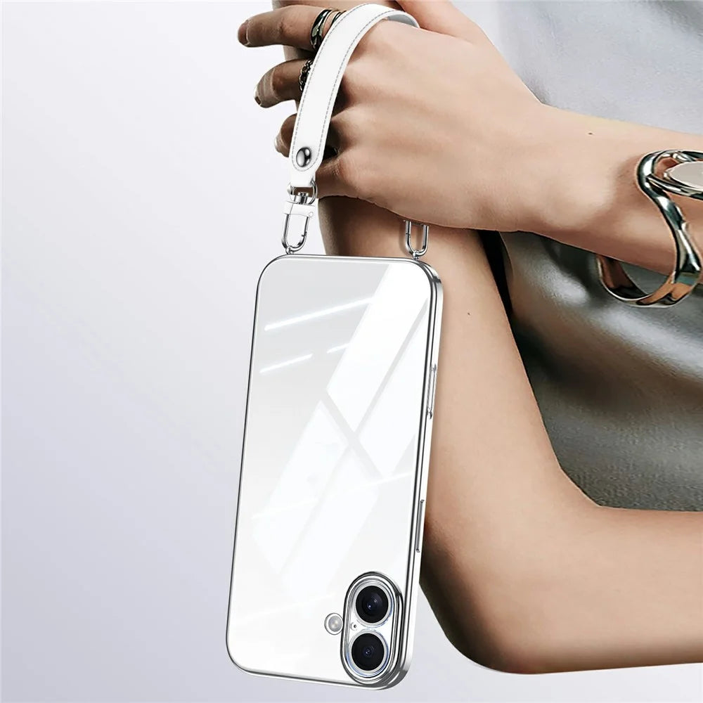 SULADA For iPhone 16 Case Electroplating Ultra Clear Soft TPU Phone Cover with PU Wrist Strap - White - 1