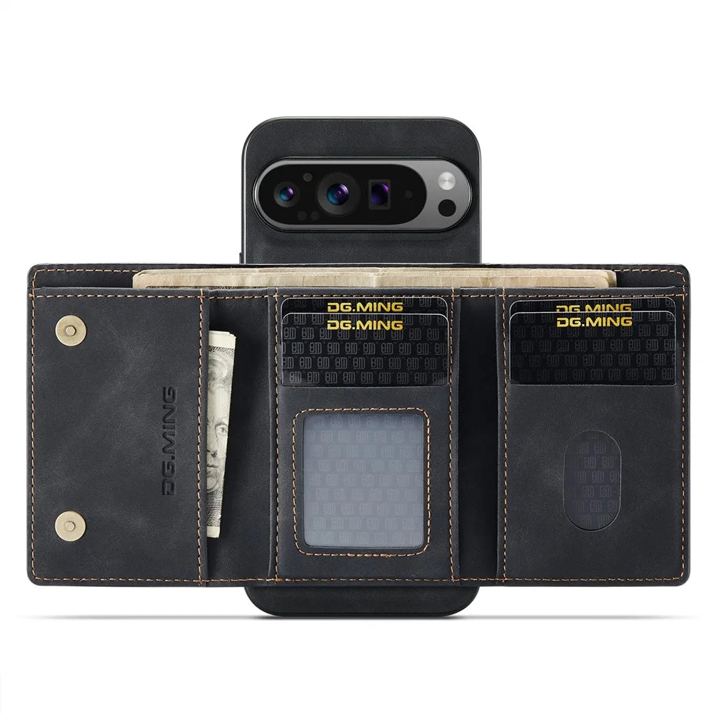 DG.MING M1 Series for Google Pixel 9 Pro XL Case Kickstand PU Phone Cover with Detachable Wallet - Black - 2