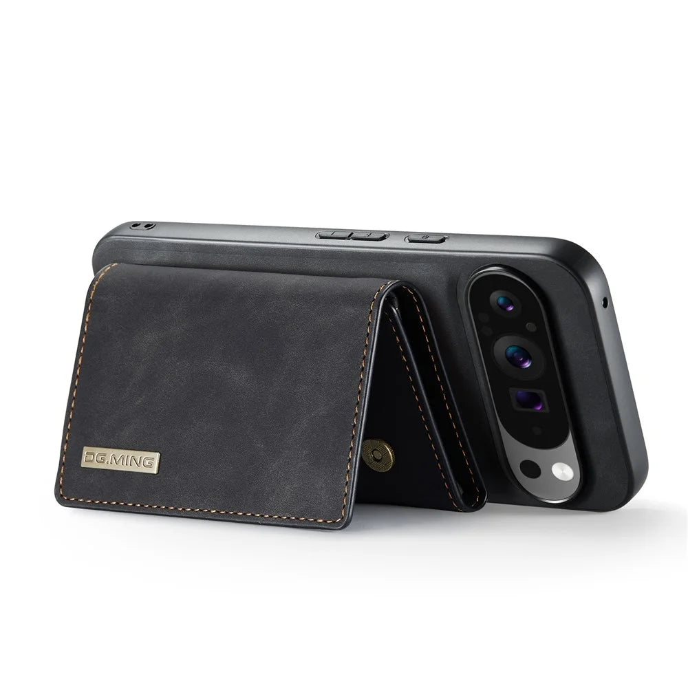 DG.MING M1 Series for Google Pixel 9 Pro XL Case Kickstand PU Phone Cover with Detachable Wallet - Black - 3