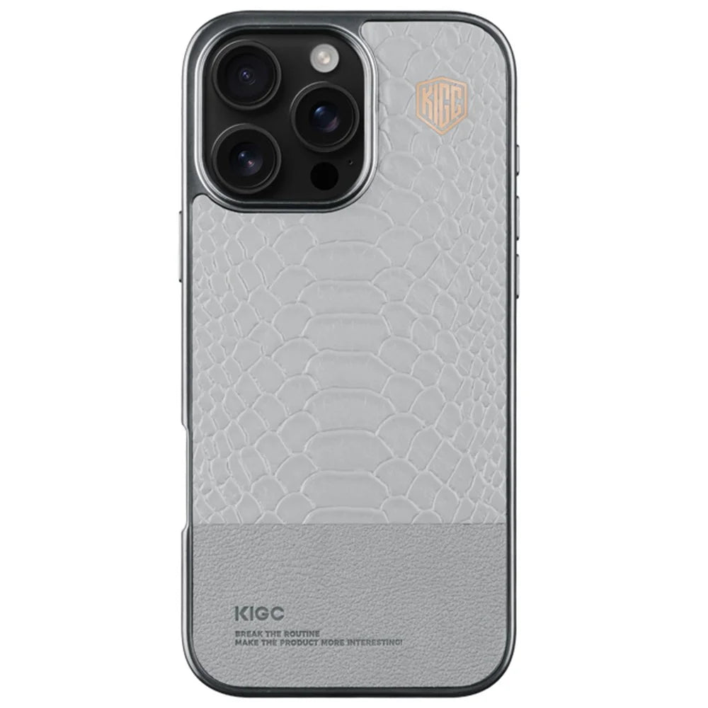 KIGC For iPhone 16 Pro Max Case Crocodile Texture Leather+PC+TPU Electroplating Phone Cover - Grey - 1