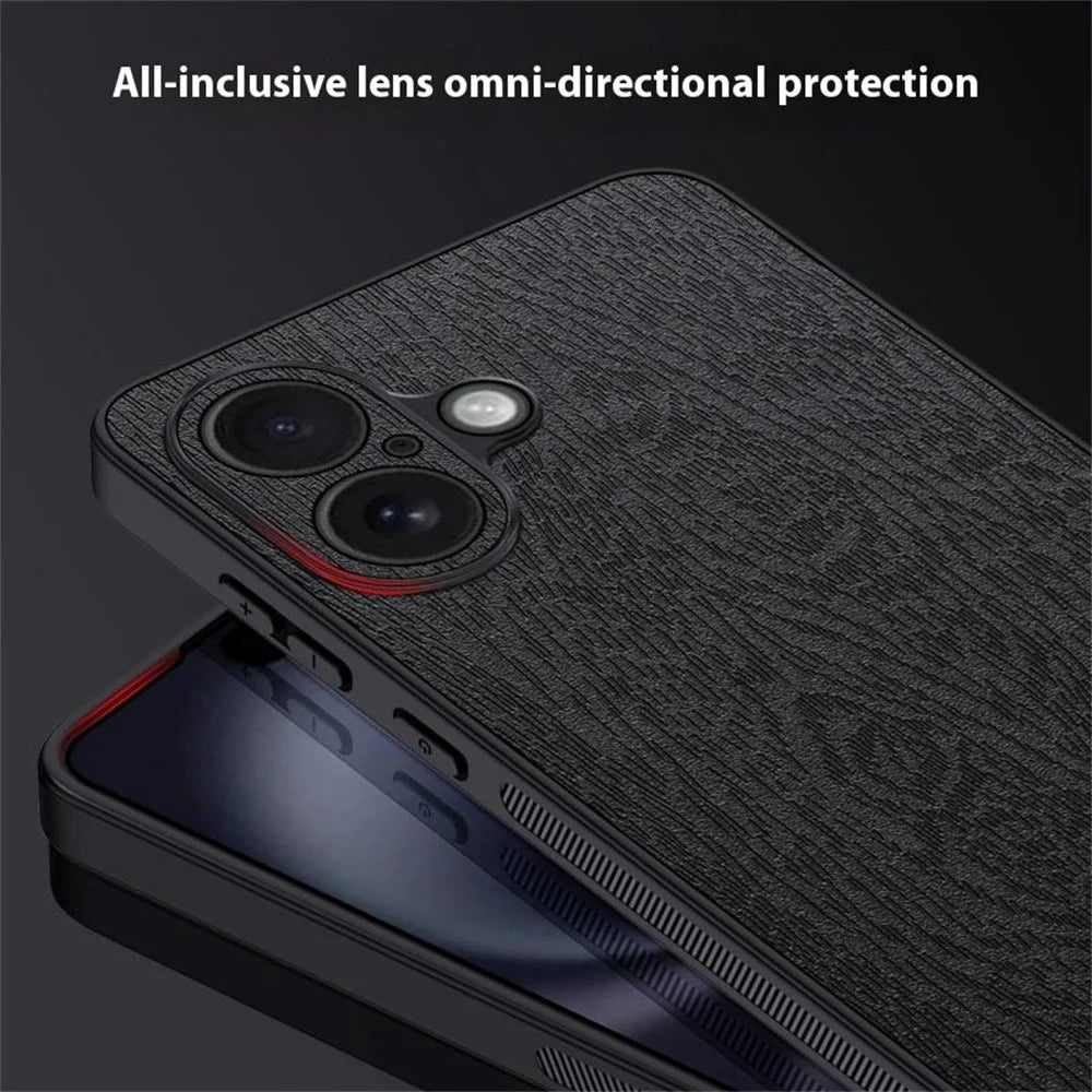 For iPhone 16 Plus Case Wood Texture PU Leather Coated PC+TPU Phone Cover - Black - 2