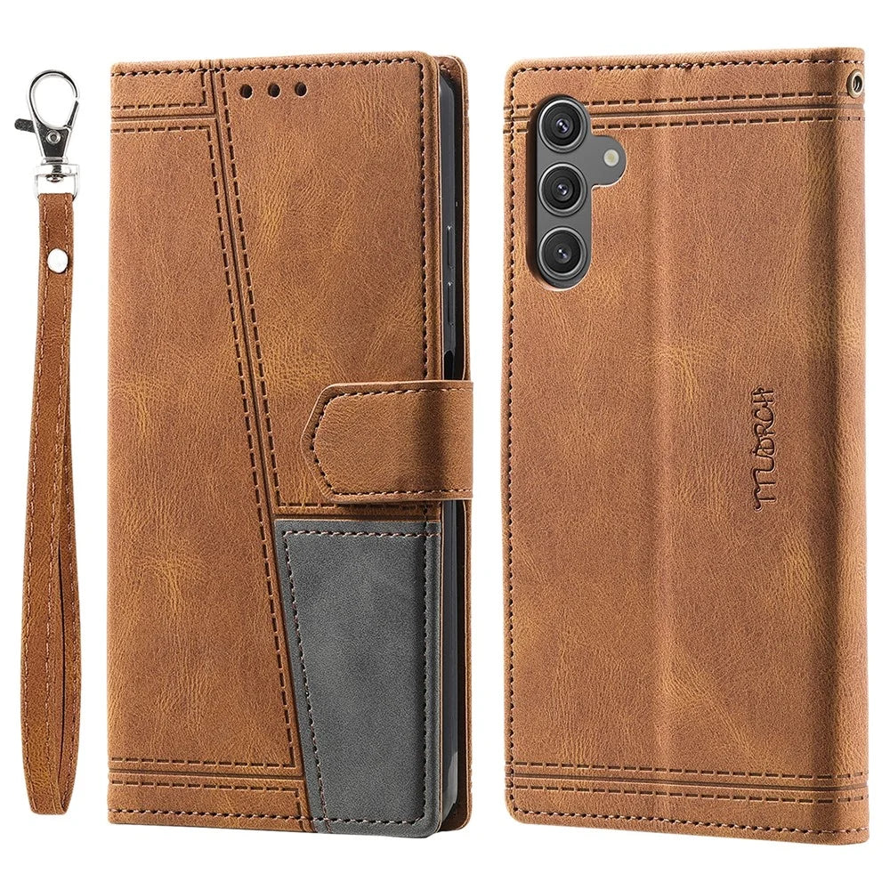 TTUDRCH Style 004 For Samsung Galaxy S25+ Leather Case RFID Blocking Wallet Stand Phone Cover with Strap - Brown - 1