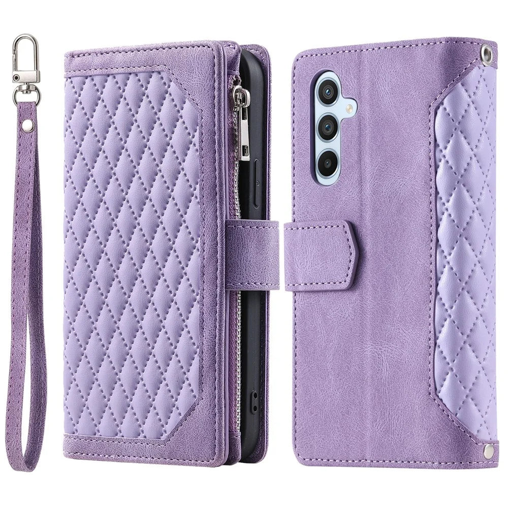 Style 005 For Samsung Galaxy S25 Wallet Case Rhombus PU Leather Zipper Phone Cover - Purple - 7