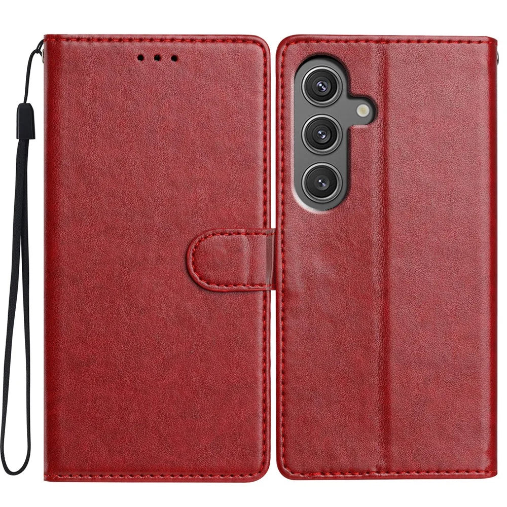 For Samsung Galaxy S25+ Stand Case with Card Clots Skin-Touch PU Leather Phone Cover - Red - 1