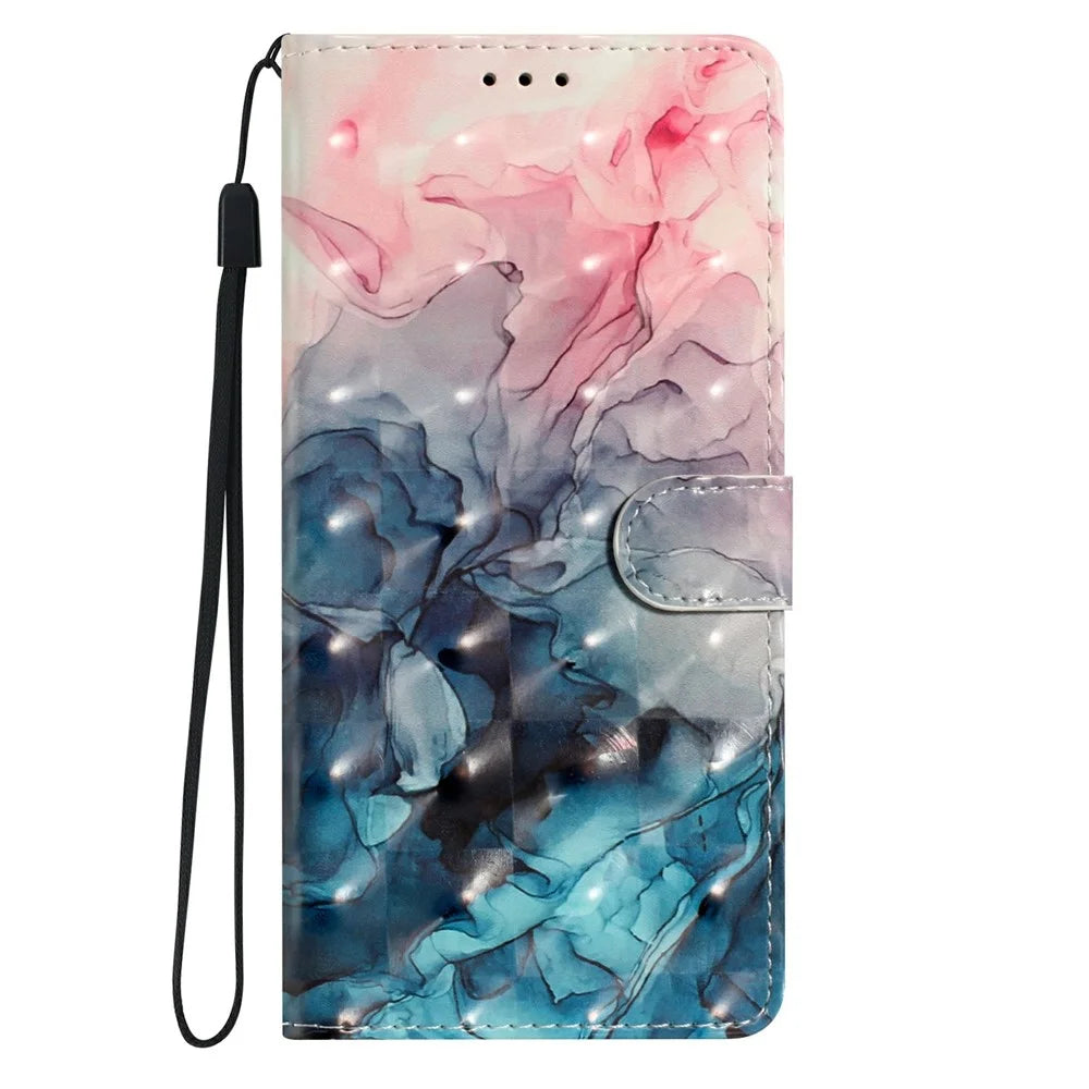 For Samsung Galaxy S25 Case PU Leather 3D Pattern Printing Wallet Phone Cover - Pink Blue Marble - 7
