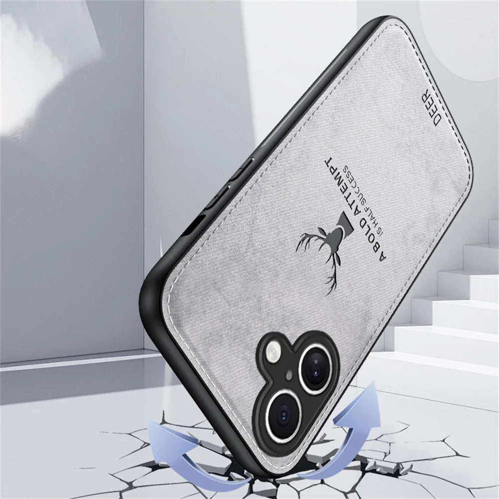 For iPhone 16 Case Deer Pattern Cloth Texture PU Leather Hybrid Phone Cover - Grey - 2