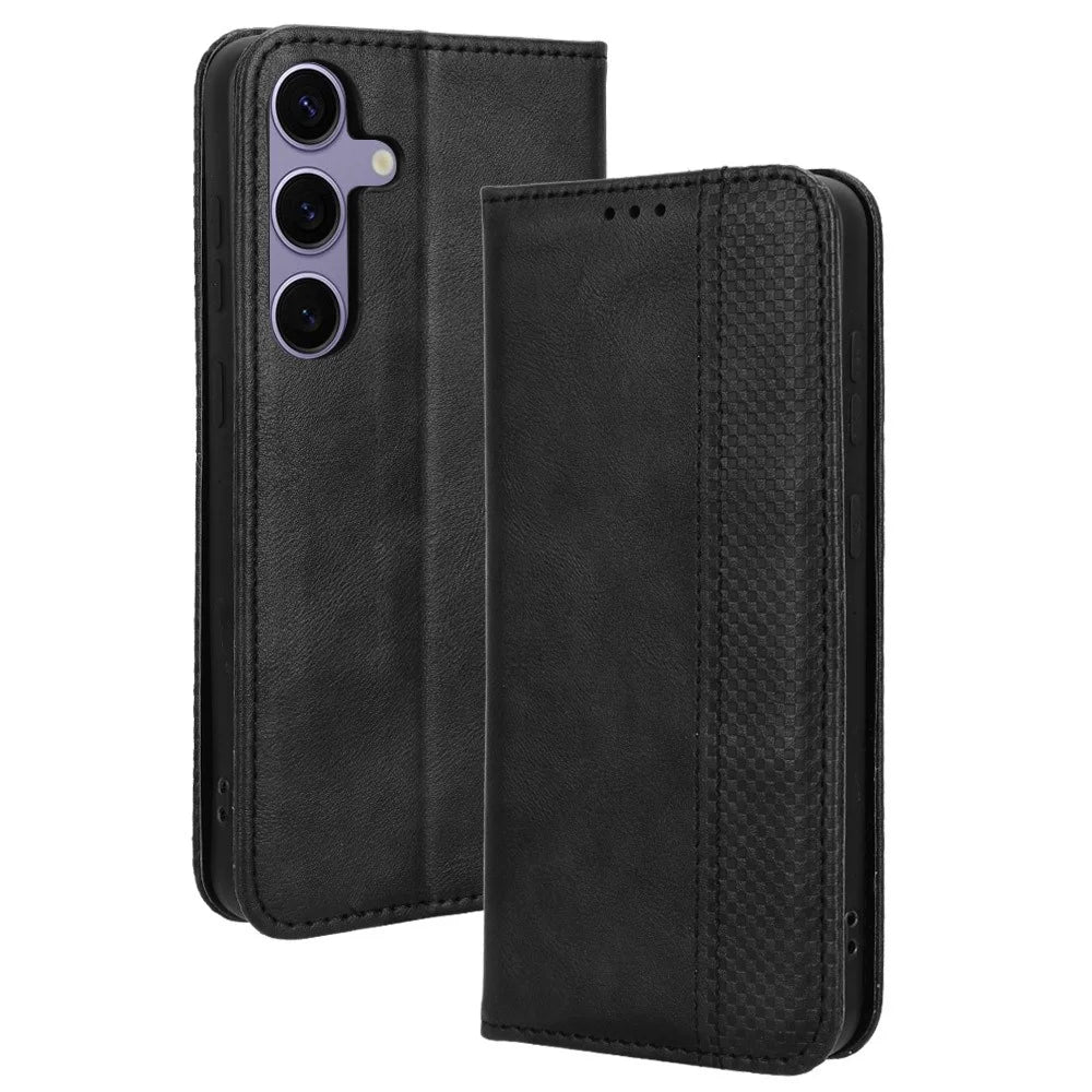 For Samsung Galaxy S24 FE Leather Case Wallet Stand Retro Texture Phone Cover - Black - 1