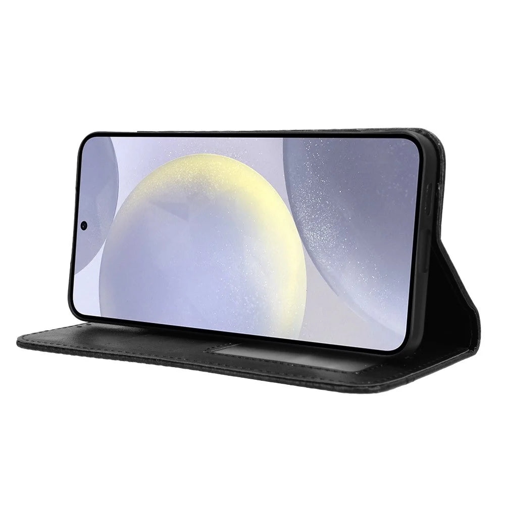 For Samsung Galaxy S24 FE Leather Case Wallet Stand Retro Texture Phone Cover - Black - 3