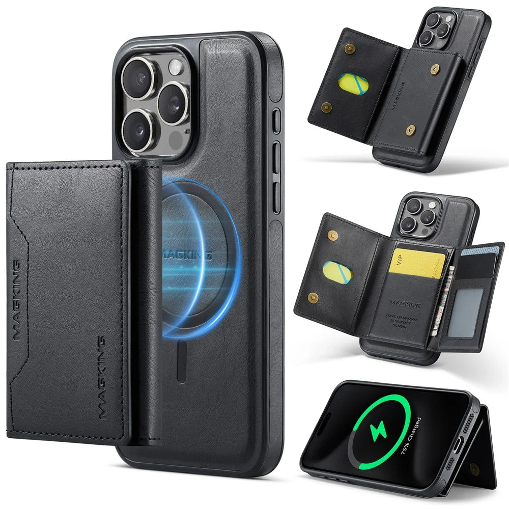 MAGKING K2 Series For iPhone 16 Pro Max Case Compatible with MagSafe PC+TPU+PU Leather RFID Blocking Phone Cover with Wallet - Black - 1