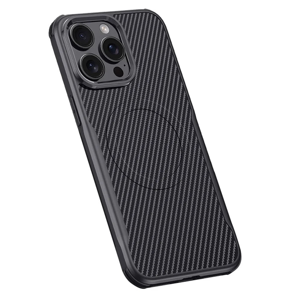 For iPhone 15 Pro Max Case Compatible with MagSafe Carbon Fiber Texture Leather Coated PC+Silicone Protective Cover - Black - 1