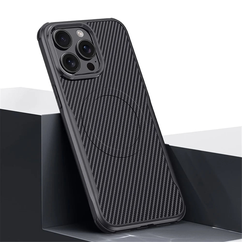 For iPhone 15 Pro Max Case Compatible with MagSafe Carbon Fiber Texture Leather Coated PC+Silicone Protective Cover - Black - 2