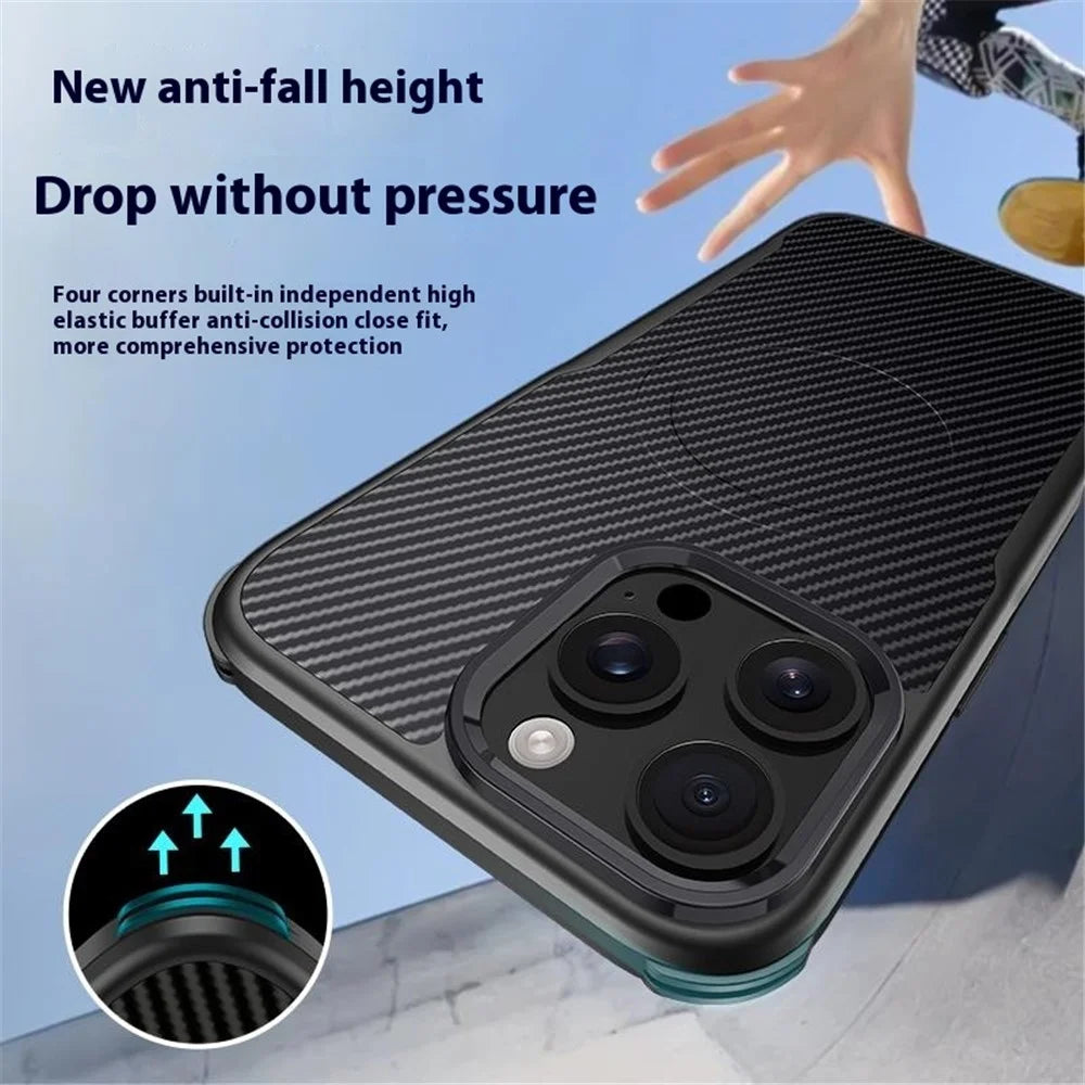 For iPhone 15 Pro Max Case Compatible with MagSafe Carbon Fiber Texture Leather Coated PC+Silicone Protective Cover - Black - 3