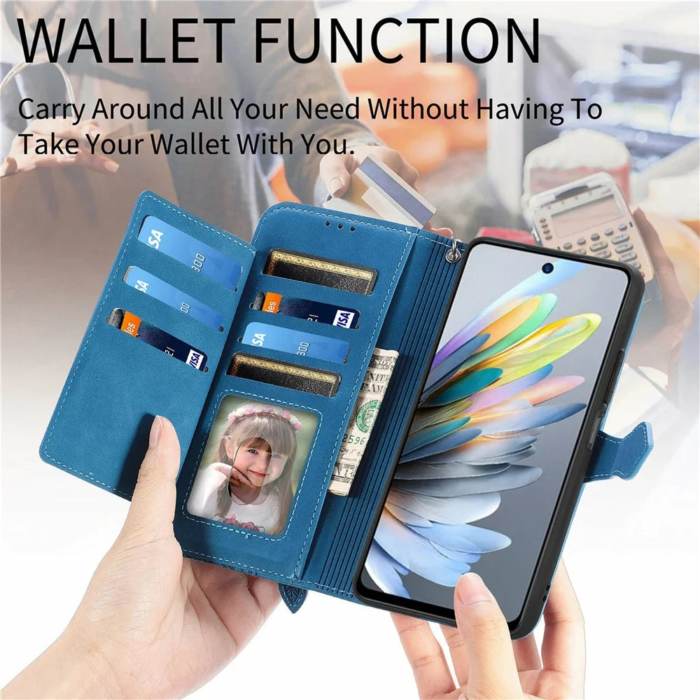 For ZTE Blade A75 4G Zipper Wallet Case with Strap Flower Imprint PU Leather Phone Cover - Blue - 5