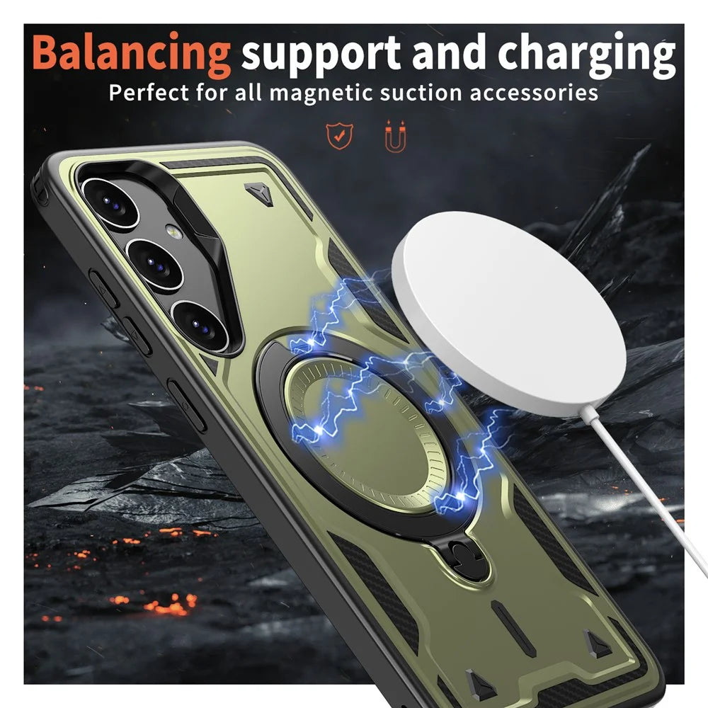 For Samsung Galaxy S25+ / S24+ Magnetic Case Military Protection PC+TPU Kickstand Phone Cover - Olive Green - 2