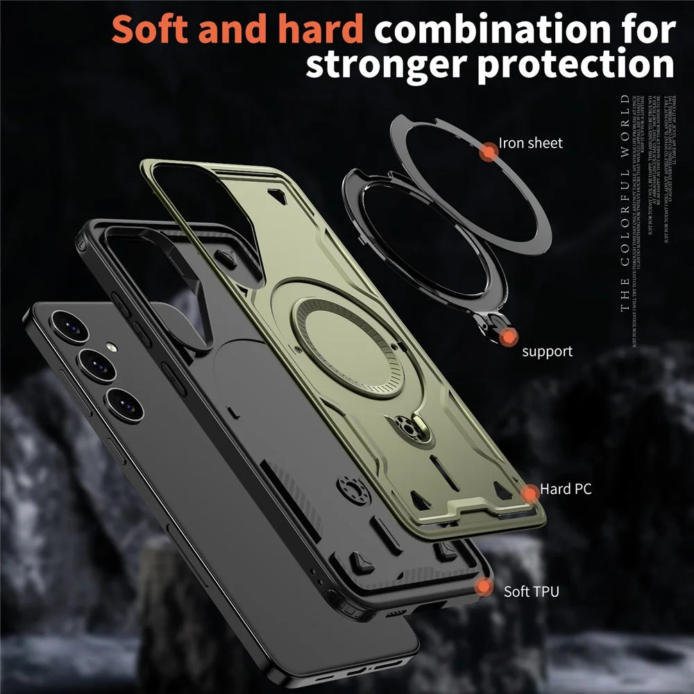 For Samsung Galaxy S25+ / S24+ Magnetic Case Military Protection PC+TPU Kickstand Phone Cover - Olive Green - 4