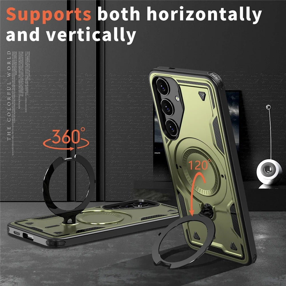 For Samsung Galaxy S25+ / S24+ Magnetic Case Military Protection PC+TPU Kickstand Phone Cover - Olive Green - 6