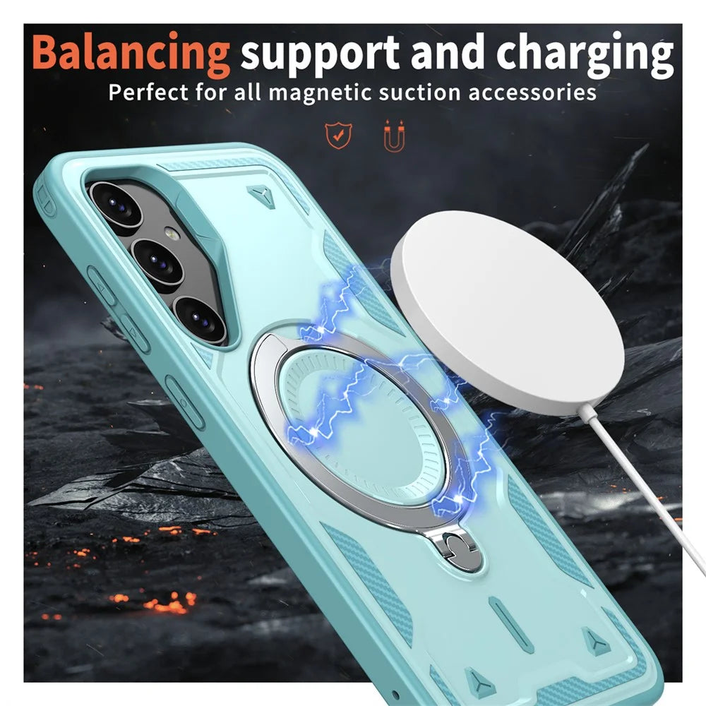 For Samsung Galaxy S23 FE Magnetic Case Military Protection PC+TPU Kickstand Phone Cover - Baby Blue - 2