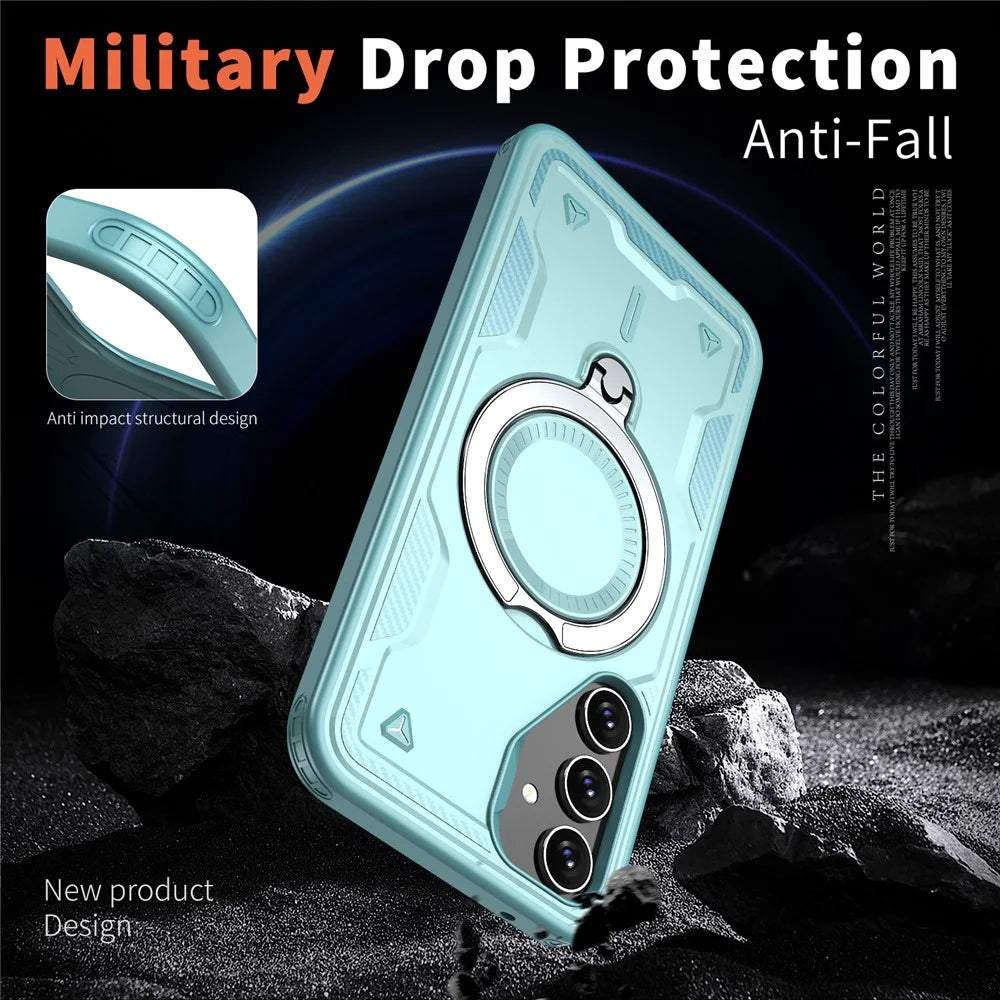For Samsung Galaxy S23 FE Magnetic Case Military Protection PC+TPU Kickstand Phone Cover - Baby Blue - 3
